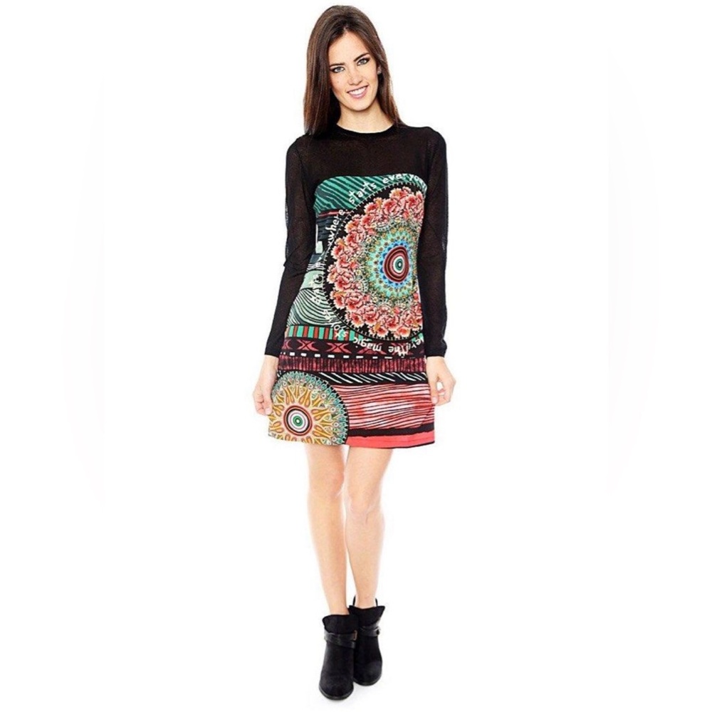 Desigual Black and Pink Graphic Long Sleeve Midi Dress Size Small
